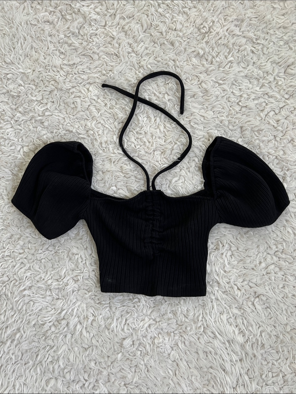 NWOT Zara Puff-Sleeve Halter Crop Top Black Sz Small Festival Party